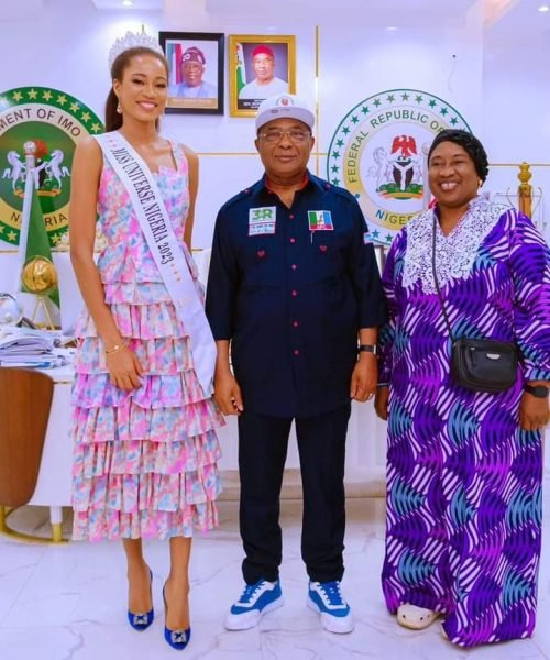 Boom: Governor Hope Uzodimma Meets Miss Ugochi Ihueze The Newly Crowned Miss Universe From Imo State