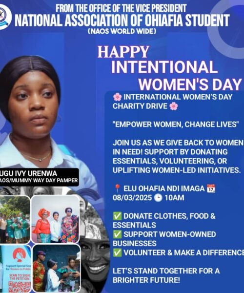 Celebrating International Women’s Day 2025: NAOS VP Comr. Urenwa Olugu To Visit Indigent Women Of Elu Ohafia Today.