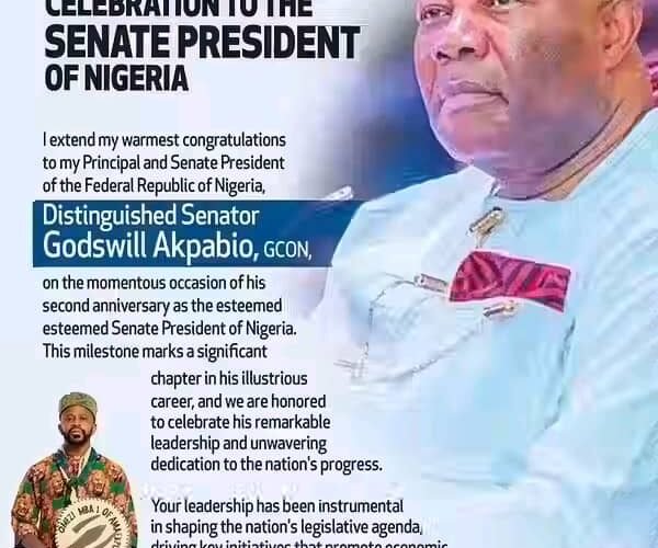 Ikenna Ukwa Celebrates 2nd Anniversary Of The Senate President Of Nigeria, Distinguished Senator Godswill Obot Akpabio, GCON