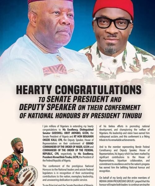Hearty Congratulations To Senate President And Deputy Speaker On Their Conferment Of National  Honours By President Tinubu