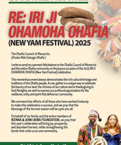 Ikenna Ukwa Felicitates Ohafians On The 2025 Iri Ji Ohamoha Ohafia (New Yam Festival)