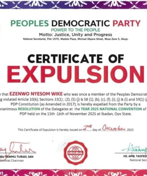 PDP Issues Expulsion Certificates To Wike, Fayose, Others