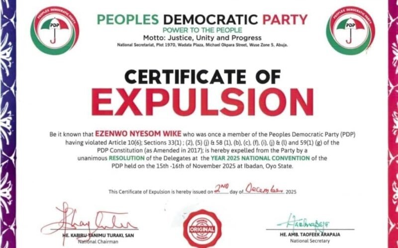 PDP Issues Expulsion Certificates To Wike, Fayose, Others 1 IMG 20251203 WA0006