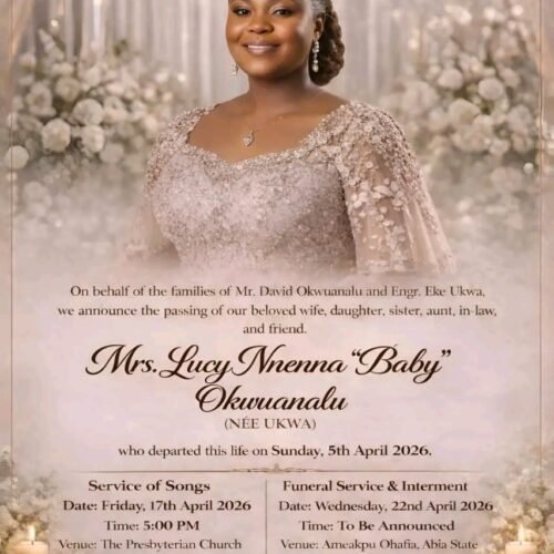Hon. Ikenna Nicolas Ukwa Buries Only Sister Mrs Lucy Nnenna ‘Baby’ Okwuanalu(Nee Ukwa); Burial Arrangements As Announced By Family…  (Inside Text)