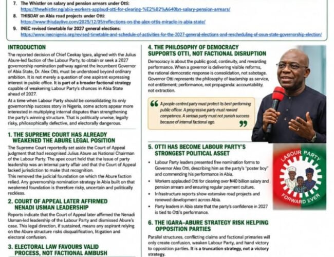 Why The Ceekay Igara – Abure Strategy Cannot Stop Alex Otti And Labour Party In Abia 2027 – By Prof Chukwuemeka Ifegwu Eke