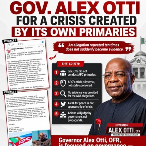 APC Must Stop Blaming Governor Alex Otti, OFR, For A Crisis Created By Its Own Primaries – By Pastor. Prof. Chukwuemeka Ifegwu Eke