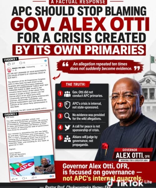 APC Must Stop Blaming Governor Alex Otti, OFR, For A Crisis Created By Its Own Primaries – By Pastor. Prof. Chukwuemeka Ifegwu Eke