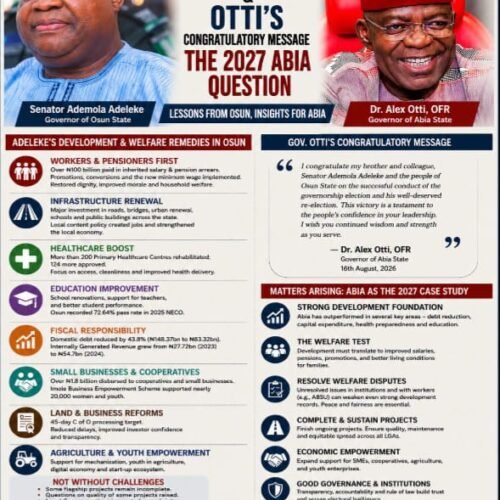 Adeleke’s Osun, Otti’s Congratulatory Message And The 2027 Abia Question: When Development, Welfare And Electoral Legitimacy Meet – By Pastor Prof Chukwuemeka Ifegwu Eke